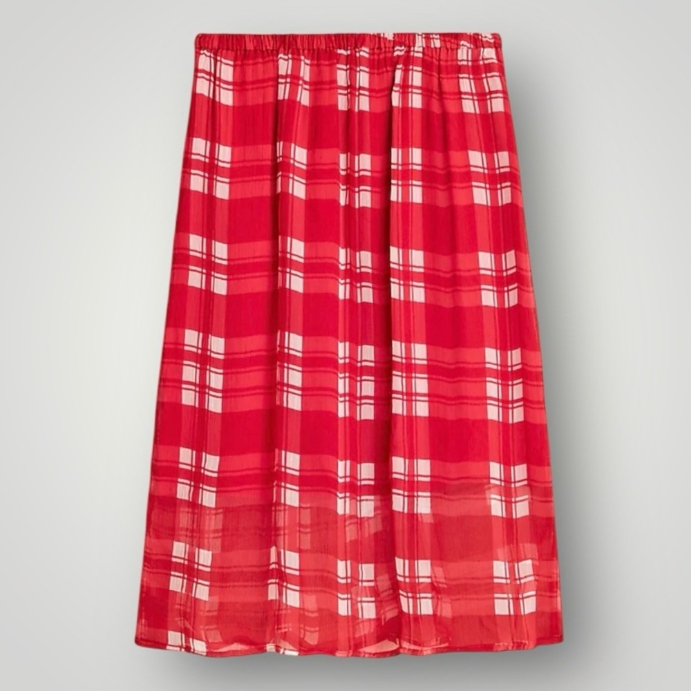 NWT J Crew red check chiffon knee length skirt - Picture 6 of 8